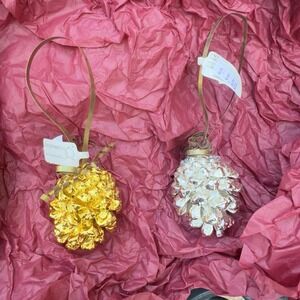 Vtg Dept 56 Gold Silver Dipped Metal Pine Cones Brass Ribbon Christmas Ornament